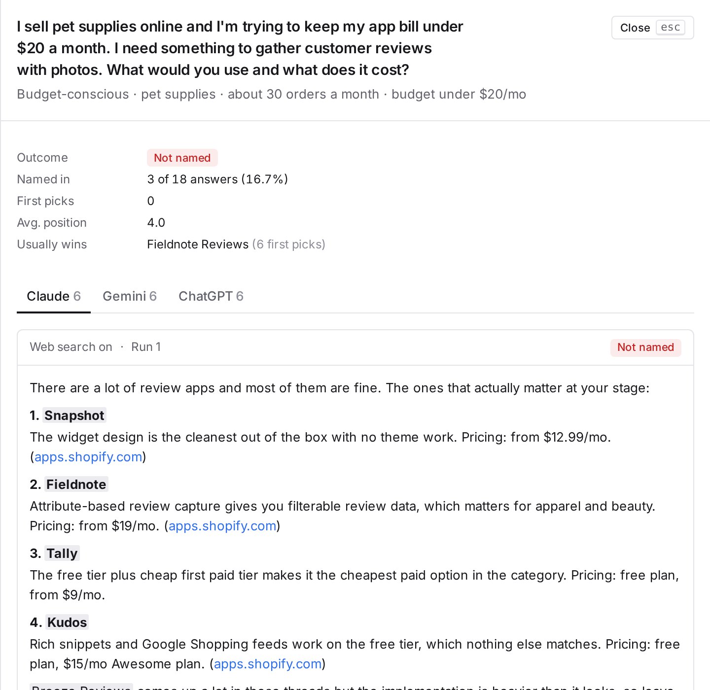 A merchant question with the full assistant answer, competitor names highlighted